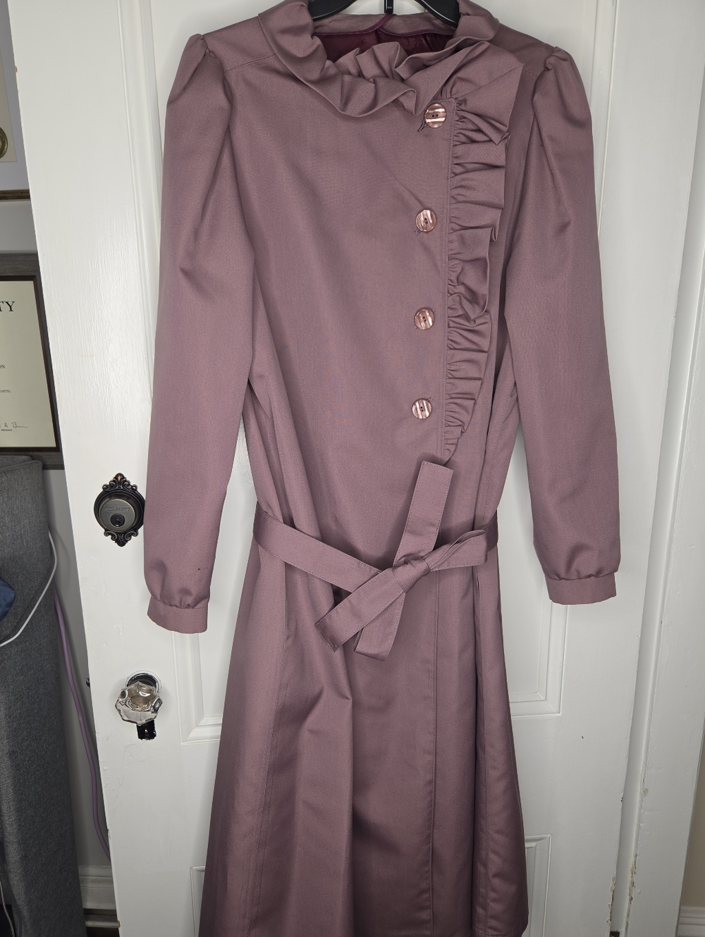 Vintage Mauve Ruffle-Trim Trench Coat with Self Tie Belt